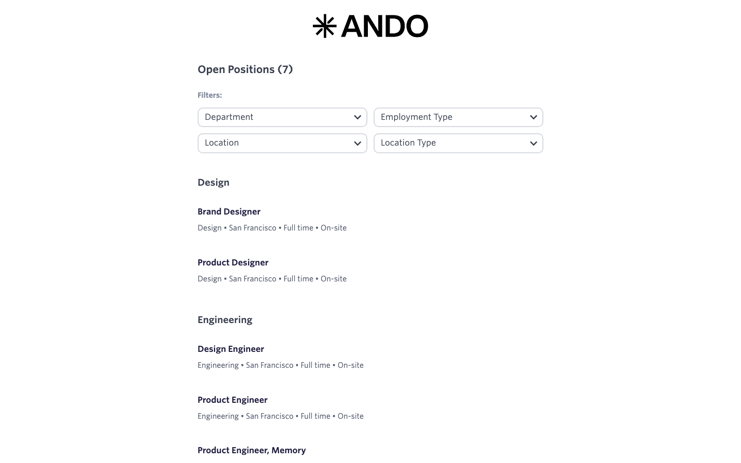 Ando 採用ページの募集中職種一覧