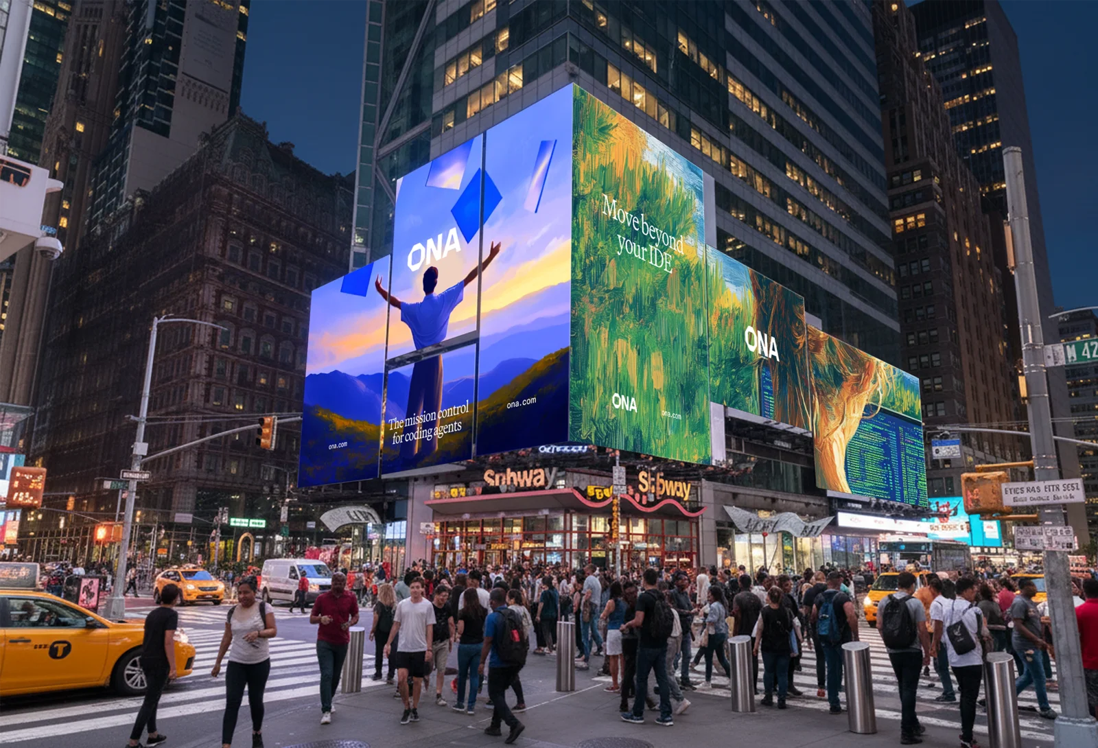 ニューヨーク・Times Square のビルボードに掲出された Ona のリブランド広告。「Move beyond your IDE」のコピーが見える