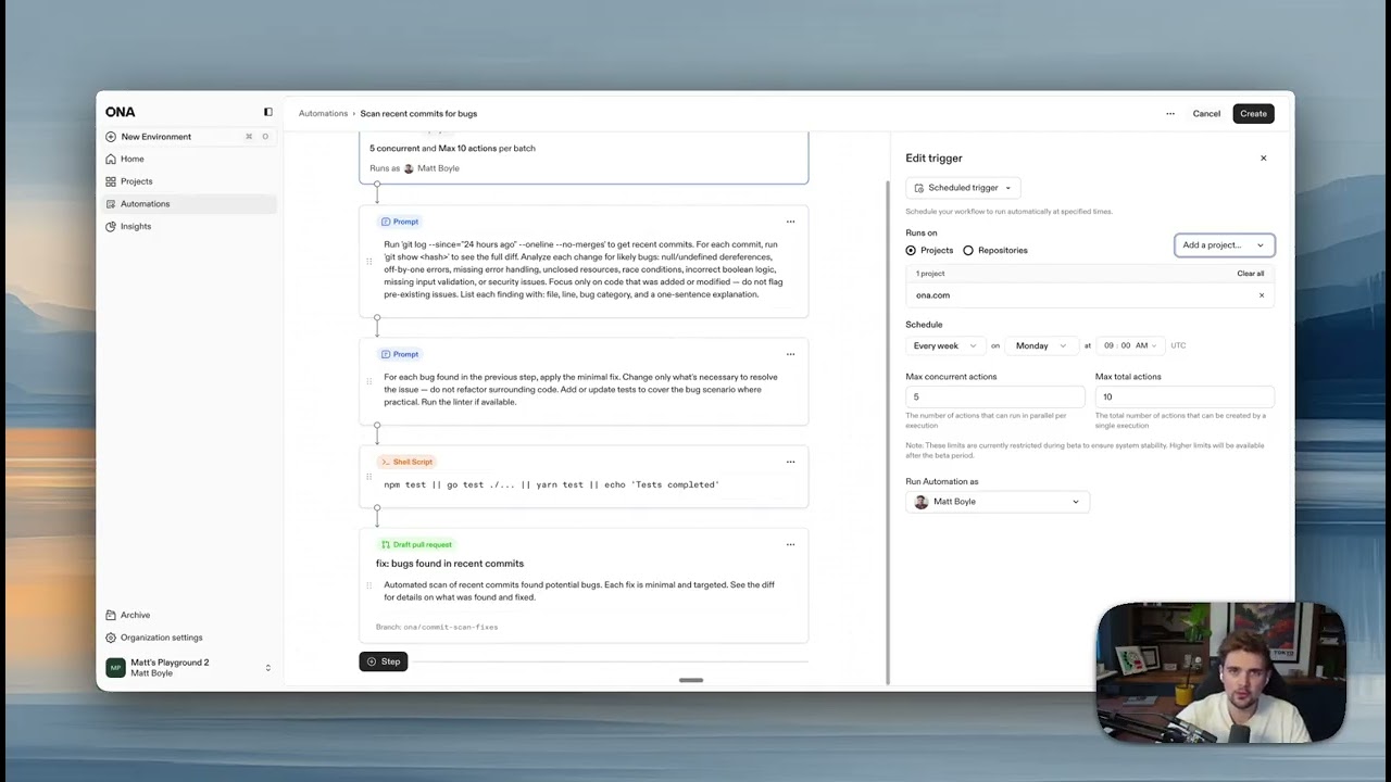 Ona Automations の編集画面:スケジュールトリガーの設定、プロンプト、シェルスクリプト、PR 下書きまでのワークフローを GUI で組み立てている