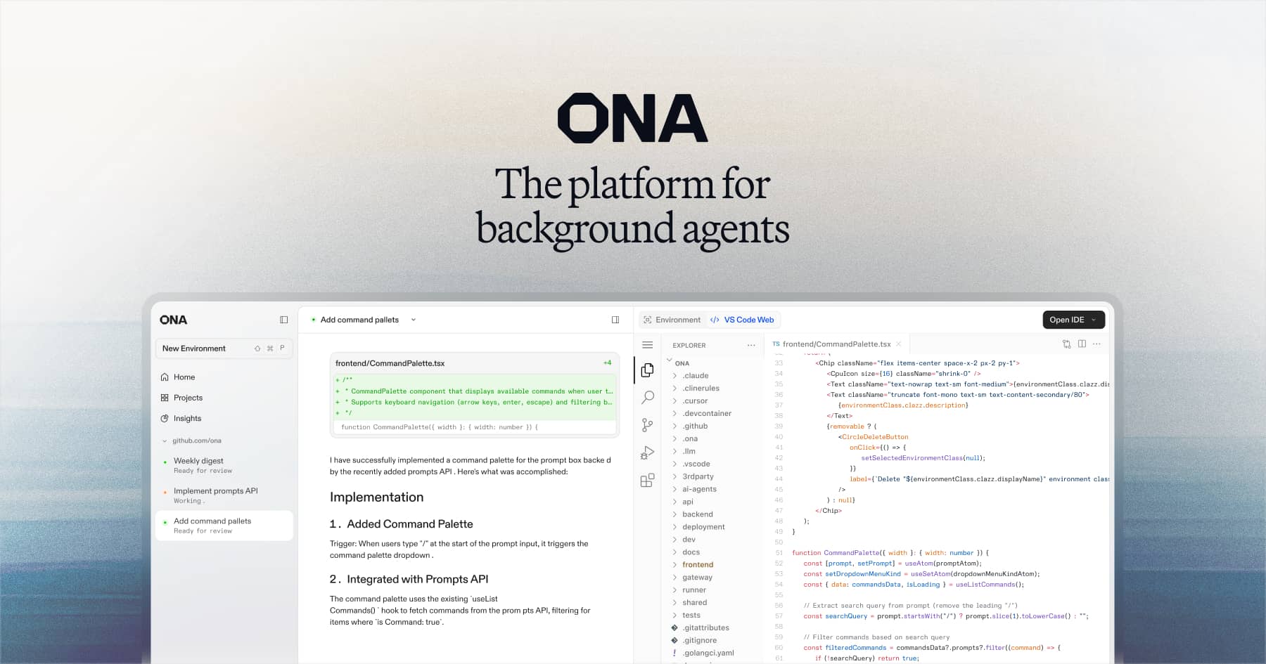 Ona のブランド画像:「The platform for background agents」のコピーと、エージェントの実装報告・VS Code のコード画面を並べたプロダクト UI