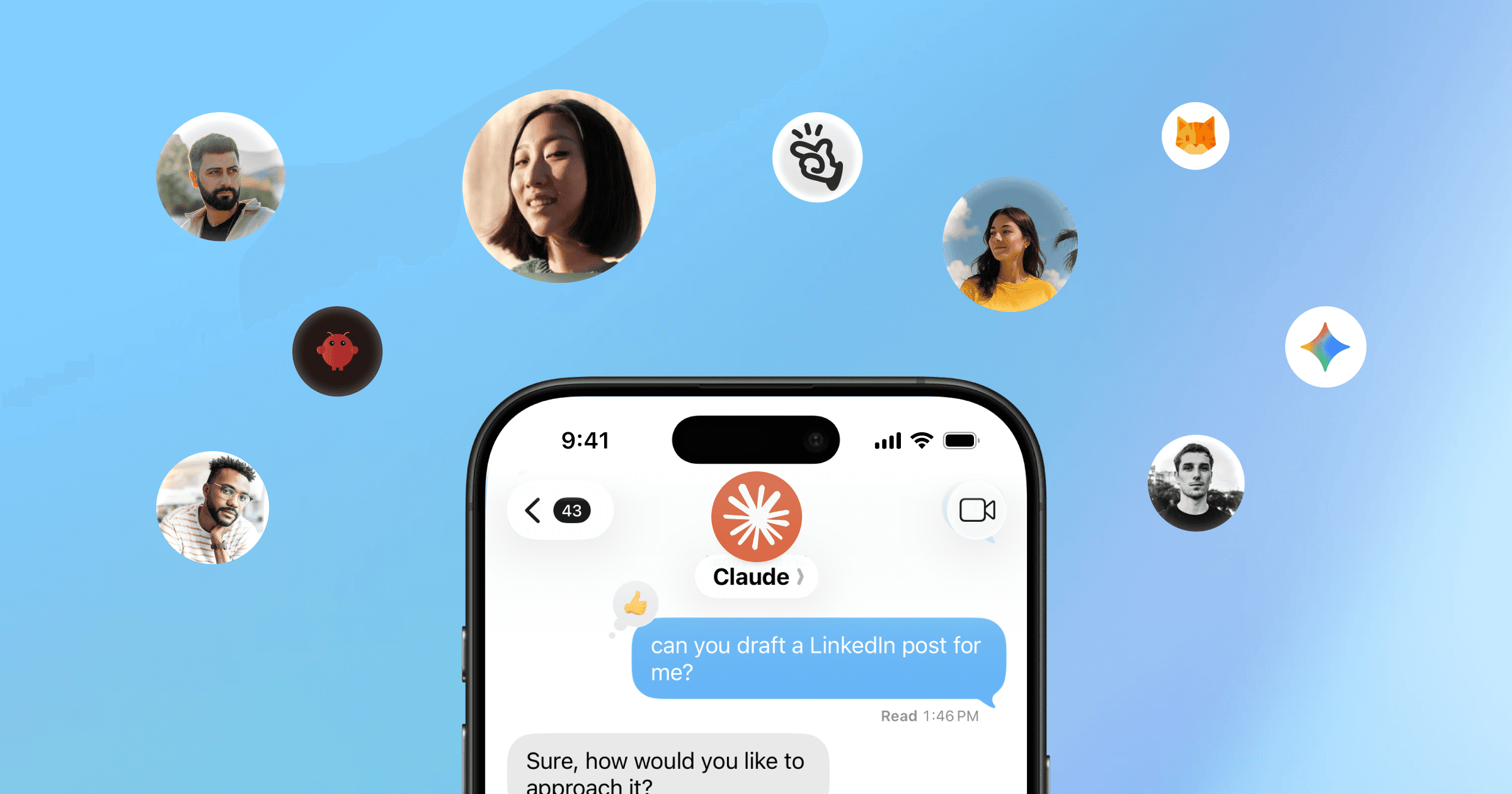 iMessage エージェントの解説画像。iPhone の iMessage 画面に Claude のアイコンで動作するエージェントが表示され、周囲に複数のユーザーアイコンが浮かんでいる