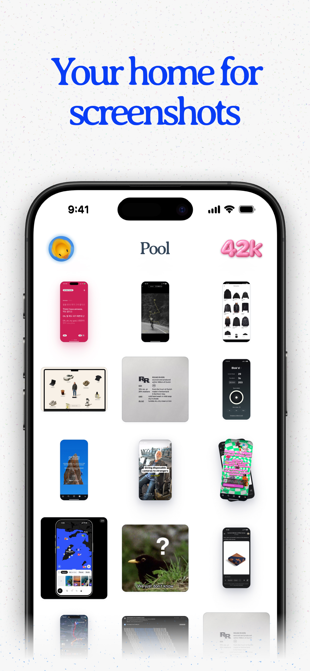 pool.day アプリのホーム画面。保存したスクショがグリッド状に並ぶ