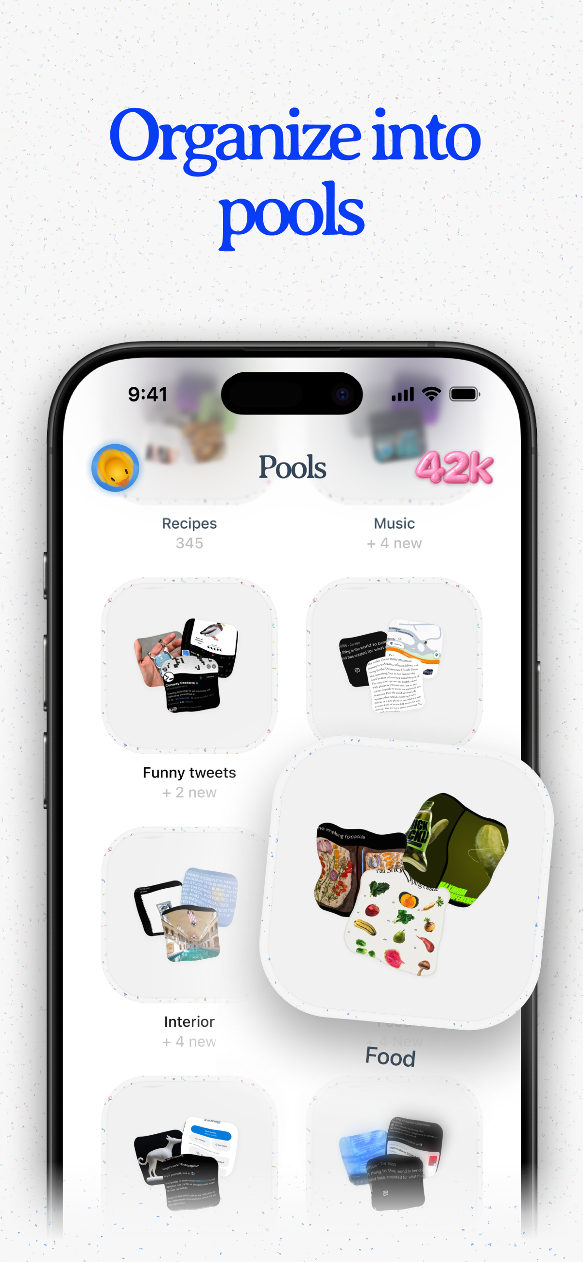 pool.day アプリのコレクション一覧。レシピや音楽、インテリア、フードなどテーマ別に分かれている