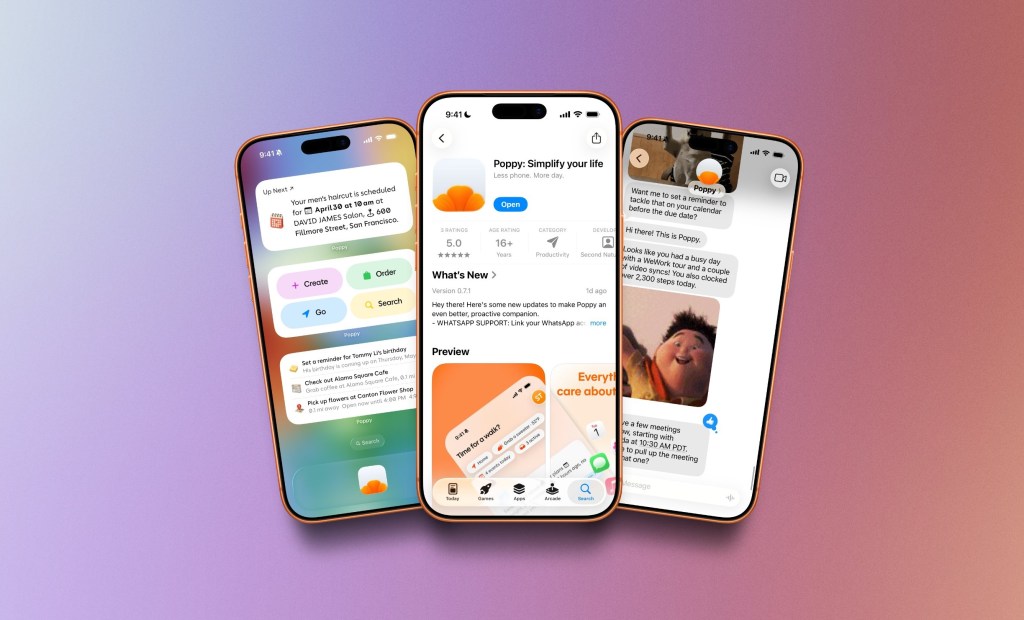 Poppy アプリの画面3枚。左にアクションカードの一覧、中央に App Store のダウンロード画面、右に iMessage での会話インターフェース