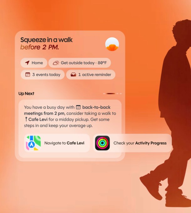 Poppy のアクションカード。「Squeeze in a walk before 2 PM.」という提案と、今日 3 件のイベントがあること、外出するとよいこと、Cafe Levi へのナビゲーションや活動量の確認ボタンが 1 枚のカードに収まっている