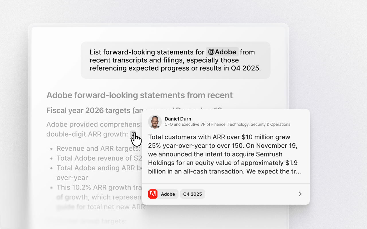 Quartr の AI Chat で @Adobe を指定して質問し、回答の根拠が引用カードと出典リンク付きで表示されている画面