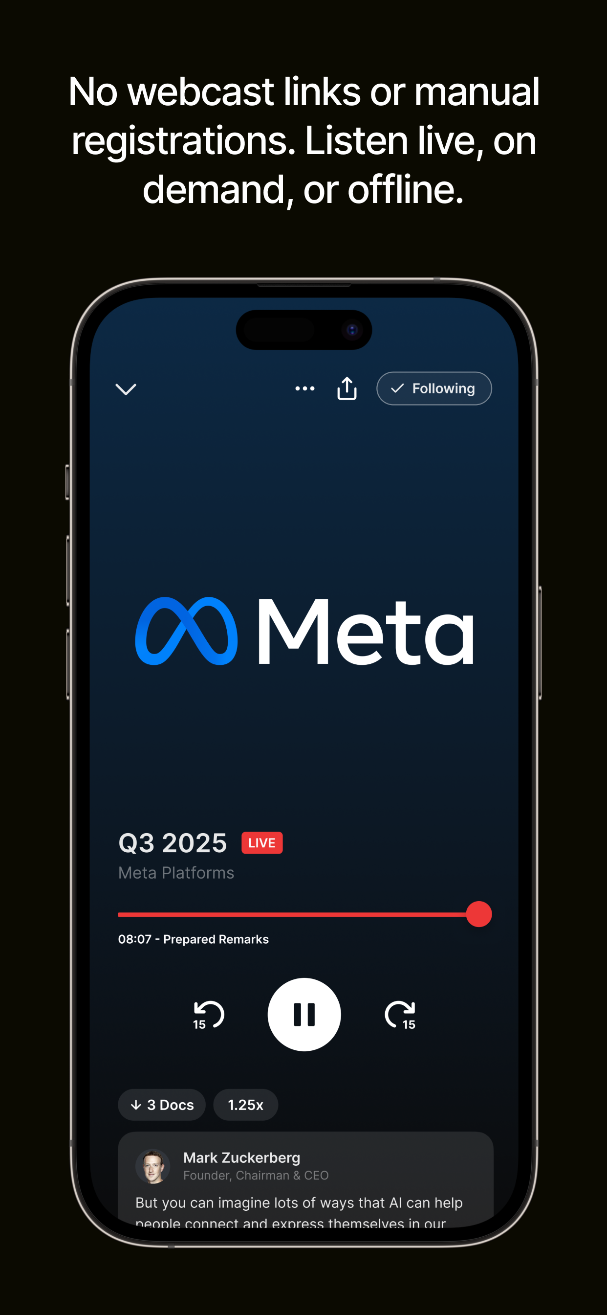 Quartr アプリで Meta の決算説明会をライブ音声で再生している画面