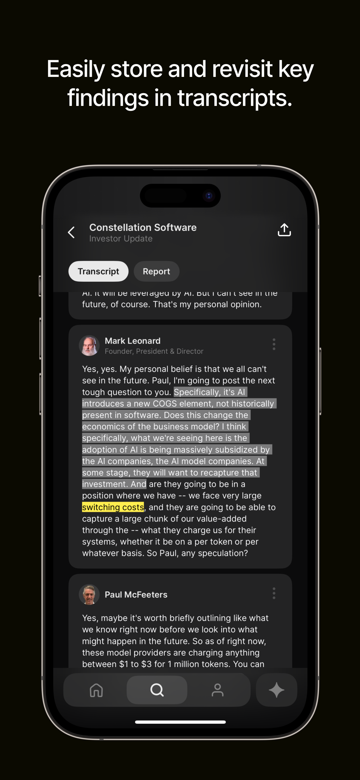 Quartr アプリでトランスクリプトの重要発言をハイライト保存している画面